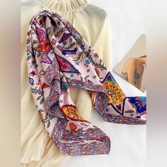 Boho Square Scarf – Pink Floral & Bird Print – Lightweight Chic Wrap – NWT - Picture 6 of 9